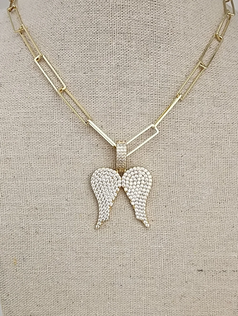 Gold Angel Wings Necklace Iced CZ Paperclip Chain 18